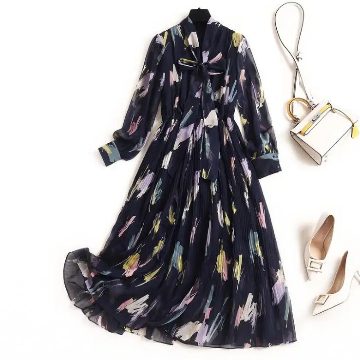 

New European and American women's dresses for spring 2020 Long sleeve bow neck Graffiti printing Fashionable pleated dress