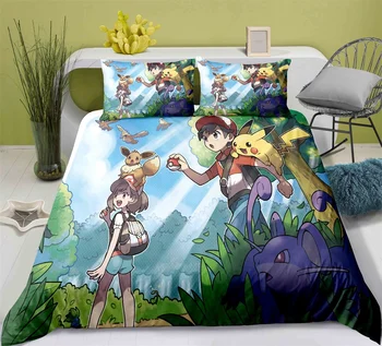 

Cute Pikachu Pokemon Anime Duvet Cover Set Bed Cover Set Gift Janpanese Game Character Cartoon Bedding Set 3PCS for Kids Girls