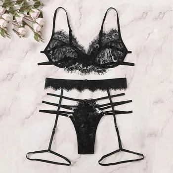 

3 Pcs Women Lingerie Sets Sexy Lace Transparent Push Up Bra Bandage Panties Garter Black Underwear Sets Women Lingerie Feminina