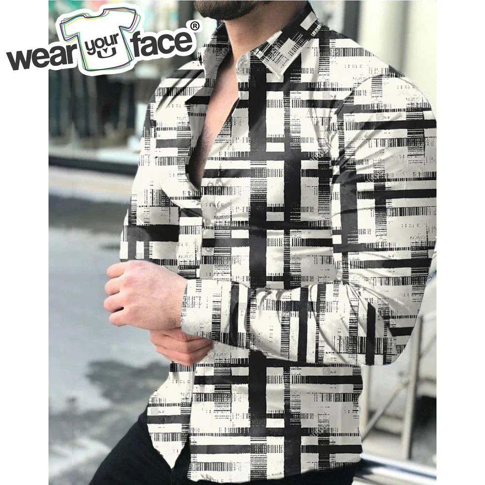 Stripe Letters Multicolor 3D All Over Printed Hawaiian Casual Button Up Dress Shirts Full Sleeve Office Streetwear Men Clothing