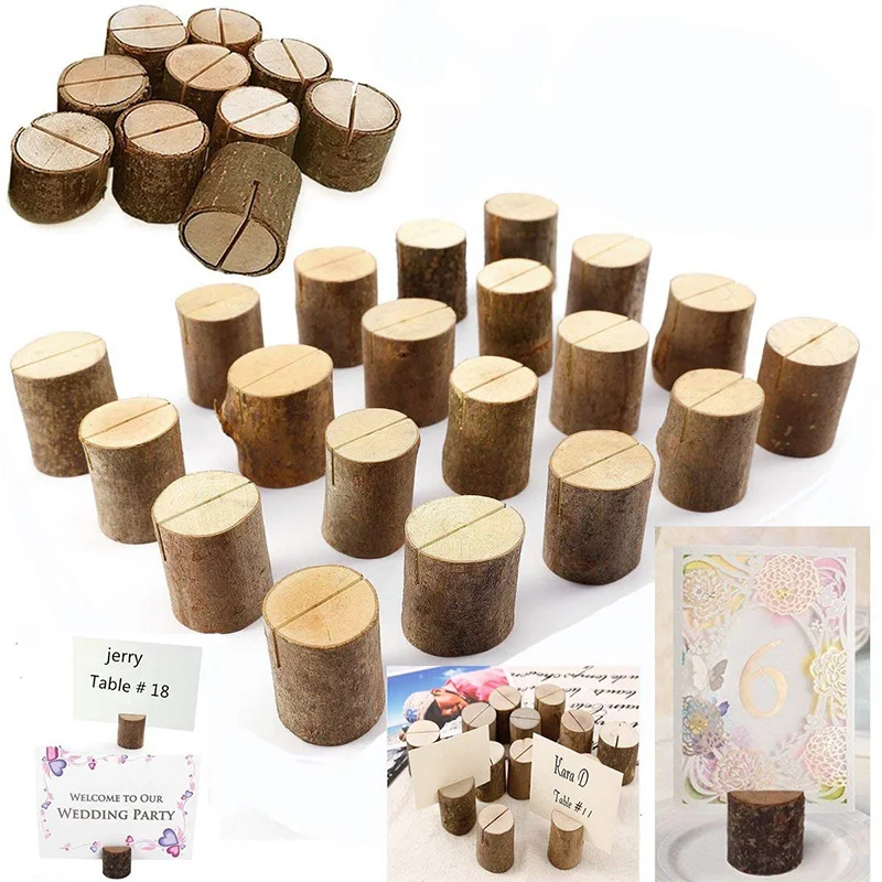 50PCS Wooden Stump Design Business Cards Holder Wedding Party Name Card Holder Stand Office Desk Memo Menu Photo Clips Ornaments