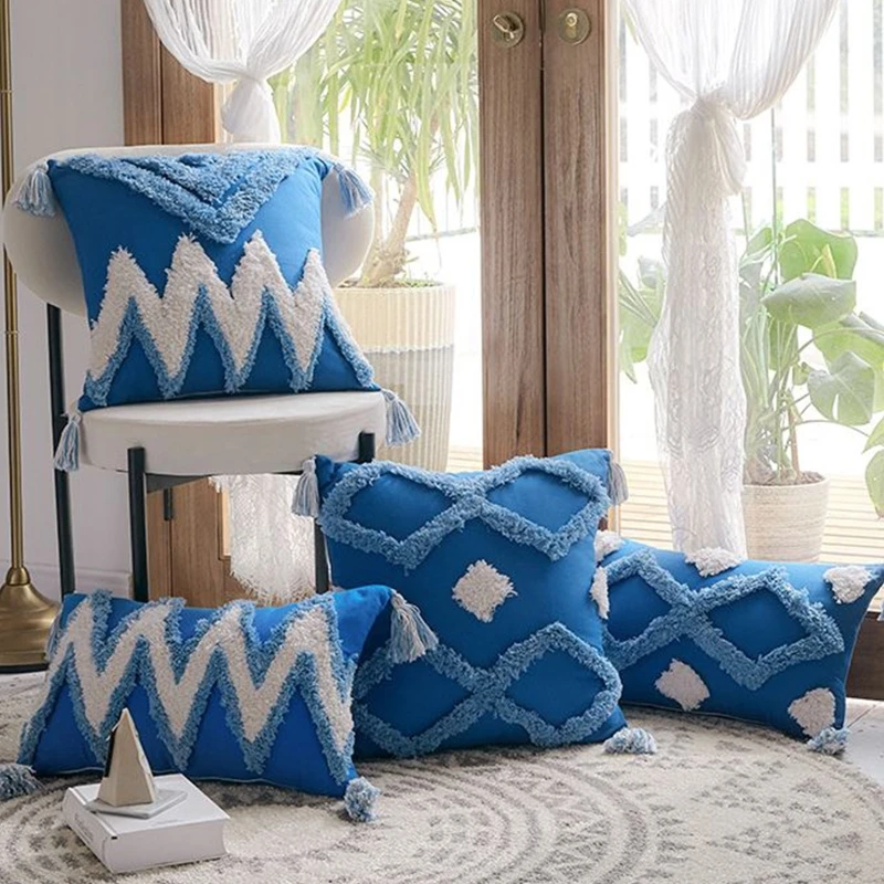 Boho Morocco Decorative Throw Pillow Case White Blue Geometric Zig Zag