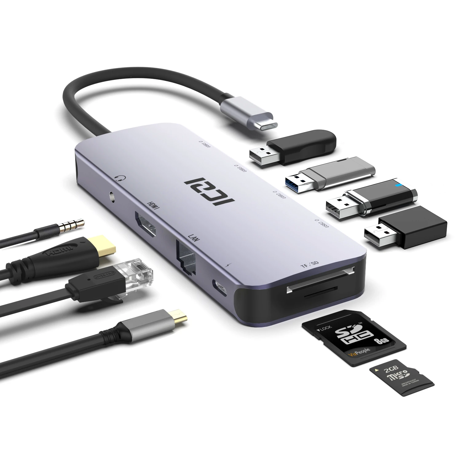 

ICZI 10 in 1 USB C Hub with 3.5mm Audio HDMI LAN TF\SD Slot USB 3.0 2.0 for Macbook Pro Huawei Matebook X Samsung Tab S4