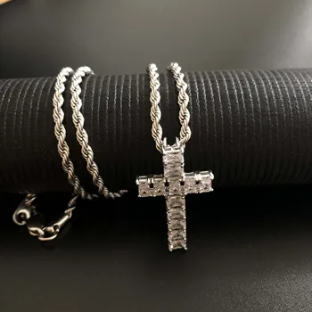 

Iced with baguette stone cross pendant with free regular chain