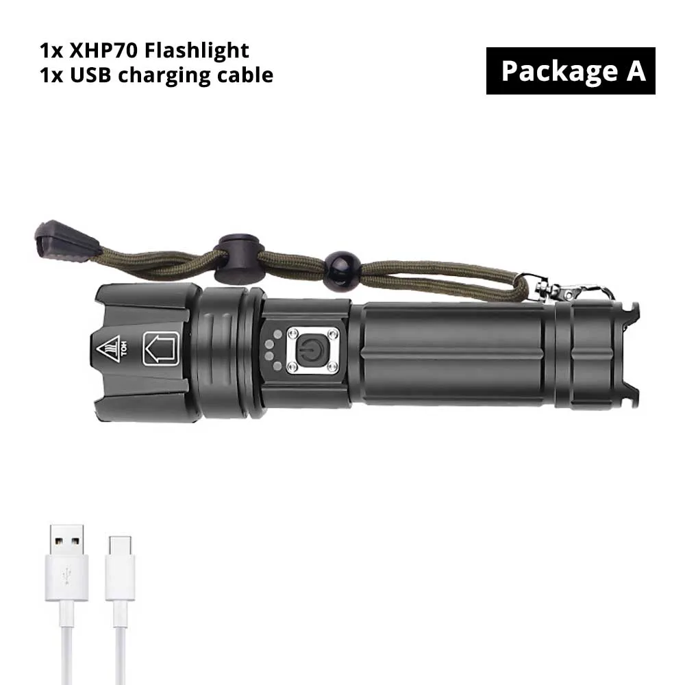 Package A Мощный XHP70 светодиодный светильник-вспышка с USB входом и выходной функцией тактический фонарь 5 светильник ing режимы Водонепроницаемый зум наружный светильник - Испускаемый цвет: Package A