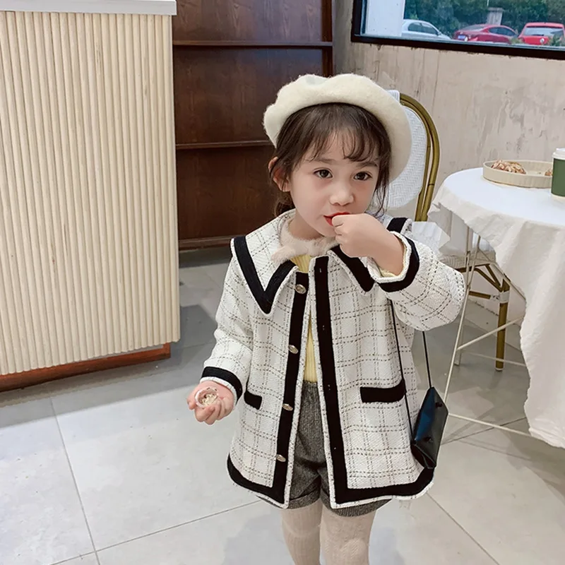 Mihkalev kids autumn jacket and coat single breasted children plaid woolen coat Baby girls lattice windbreak girl outerwear