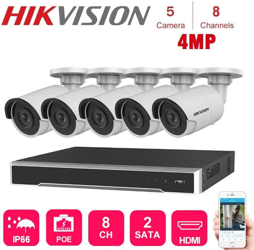 4K 8 Channels Hikvision Poe Nvr With 5 Sets 4MP Ip Camera Network Security Night Vision Video Surveillance System kits | Безопасность и