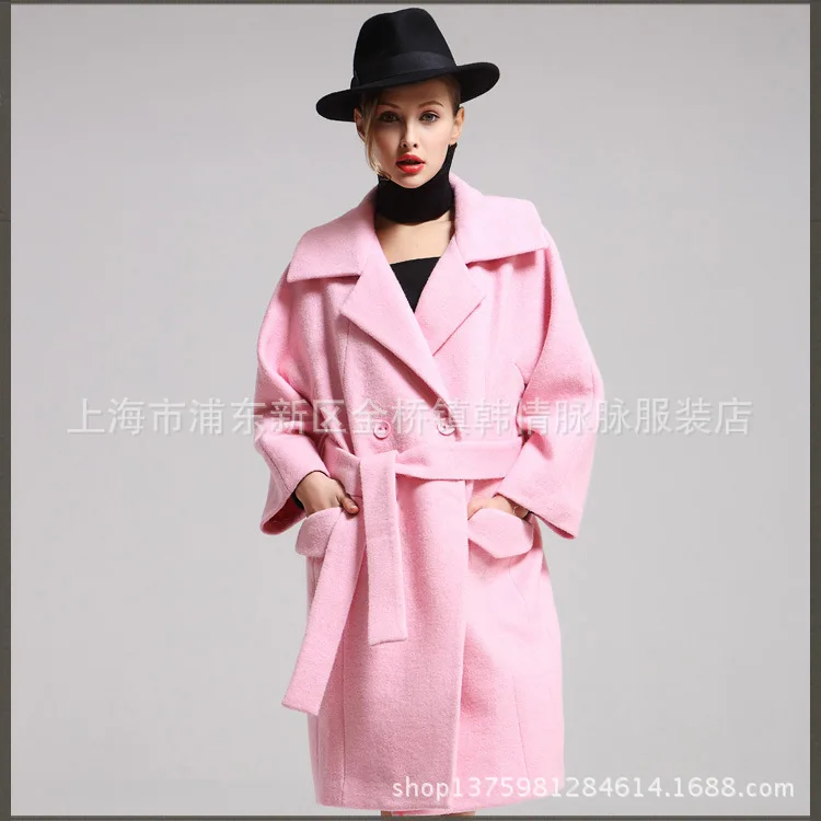 Женская одежда сплошной цветной лацкан пояс двубортный длинный рукав большой розовый пальто женское кружевное шерстяное пальто для женщин