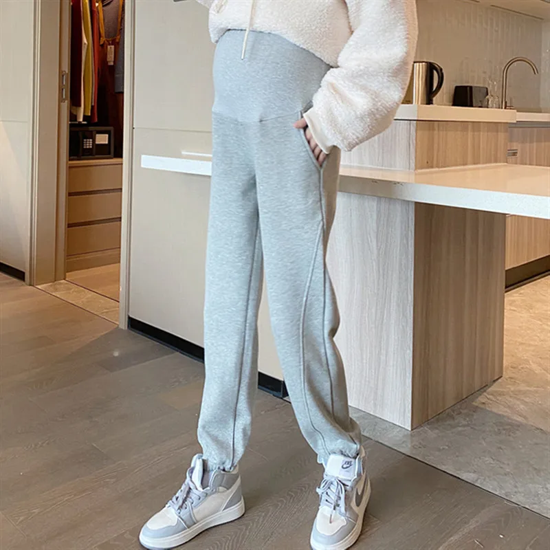 

Poungdudu Maternity Pants For Pregnant Women 2020 Winter Belly Winter knitted Trousers Cotton Velvet Thickening Warm Office Lady