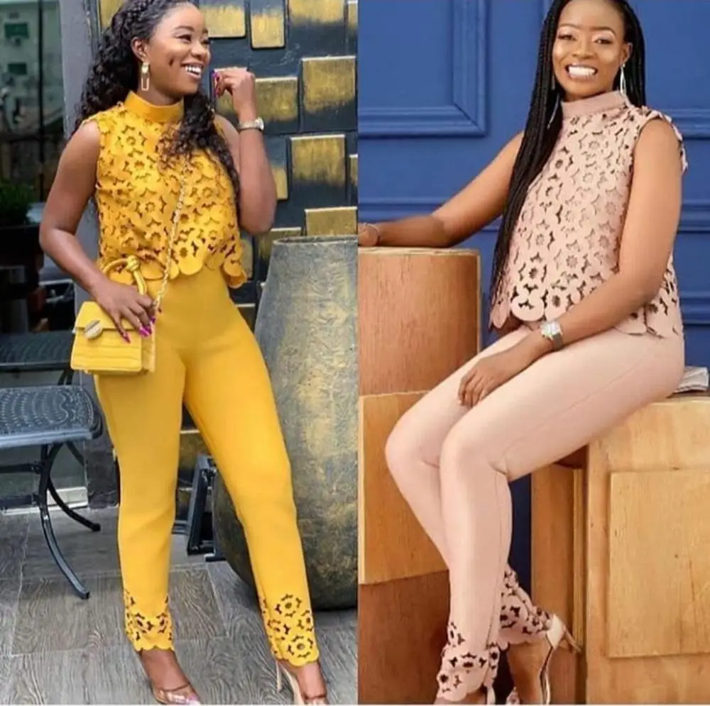 

Two Pieces Set New Beautiful Younger lady Top match pants Sweet style African women's clothes for party