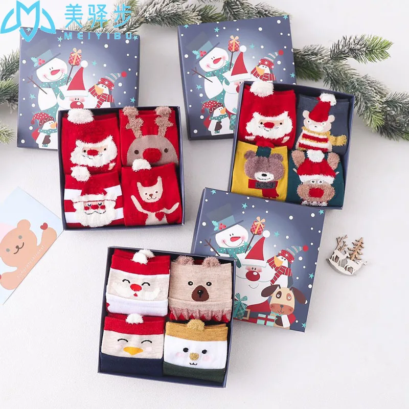 

1 Box Is 4 Pairs Winter Cotton Red Socks Three Dimensional Cartoon Christmas Socks Cute Japanese Socks with Gift Box