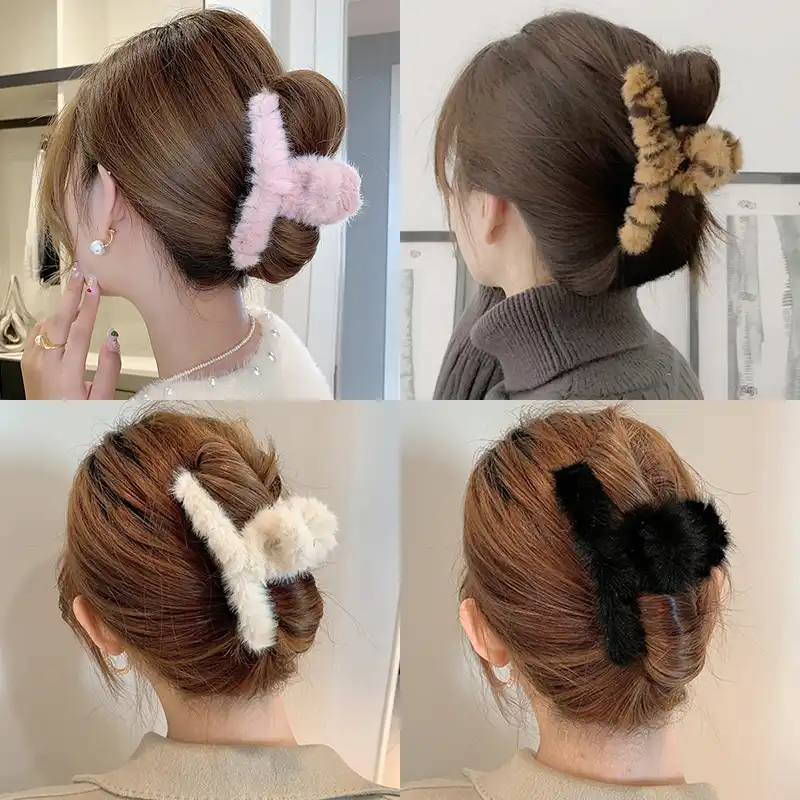 17kmファッション豪華な毛皮の毛女性の冬ヘアクリップポニーテールホルダーシックなヒョウバレッタ髪カニ髪アクセサリー レディースヘアアクセサリー Aliexpress
