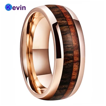 

Men Women Tungsten Wedding Band Rose Gold Engagement Ring With 2 Different Wood Inlay High Quality Comfort Fit