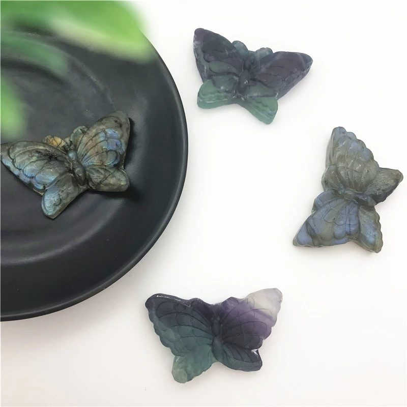 2 Kinds Natural Crystal Butterfly Labradorite Fluorite Hand Carved Crystal Healing Gifts Natural Stones and Minerals