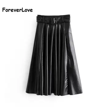 

Women Vintage Faux Leather Skirt With Belt 2020 Elegant Office Ladies Black PU Midi Skirt Pleated Casual Ladies Skirts