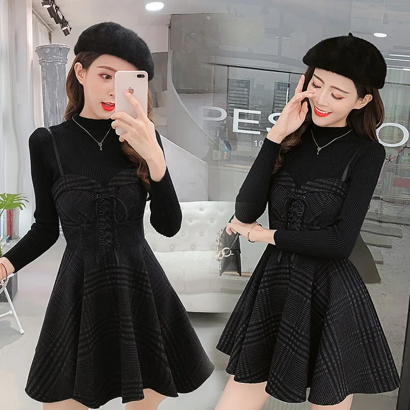 

2019 New Style Hong Kong Flavor CHIC Fashion Dark Strapped Dress Elegant Slimming Two-Piece Set