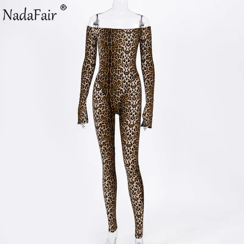 Nadafair Off Shoulder Tiger Bodycon Sexy Jumpsuit Animal Print Long Sleeve Autumn Winter Jumpsuits Women Rompers Streetwear