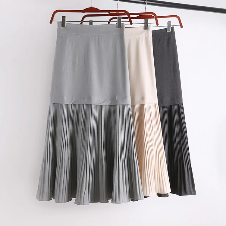 Винтажная Гибкая эластичная юбка миди с высокой талией, плиссированная трапециевидная серая черная юбка для женщин, женские OL юбки для женщин saia saias