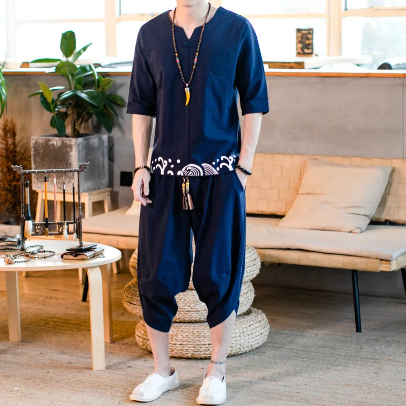 

2019 Summer New Style Flax Half-sleeve Shirt T-shirt Men's Chinese-style Cotton Linen Printed Loose And Plus-sized Set