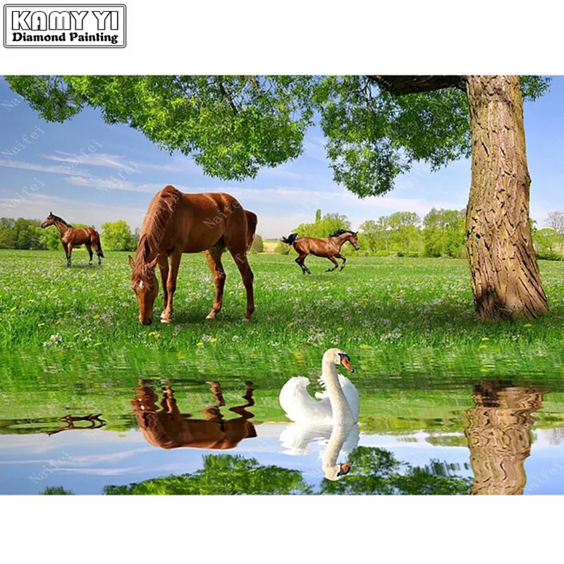 Full-Diamond-Embroidery-animals-Horse-Swan-Lake-5D-Diamond-Painting-Cross-Stitch-3D-Diamond-Mosaic-Needlework LK1 | Дом и сад