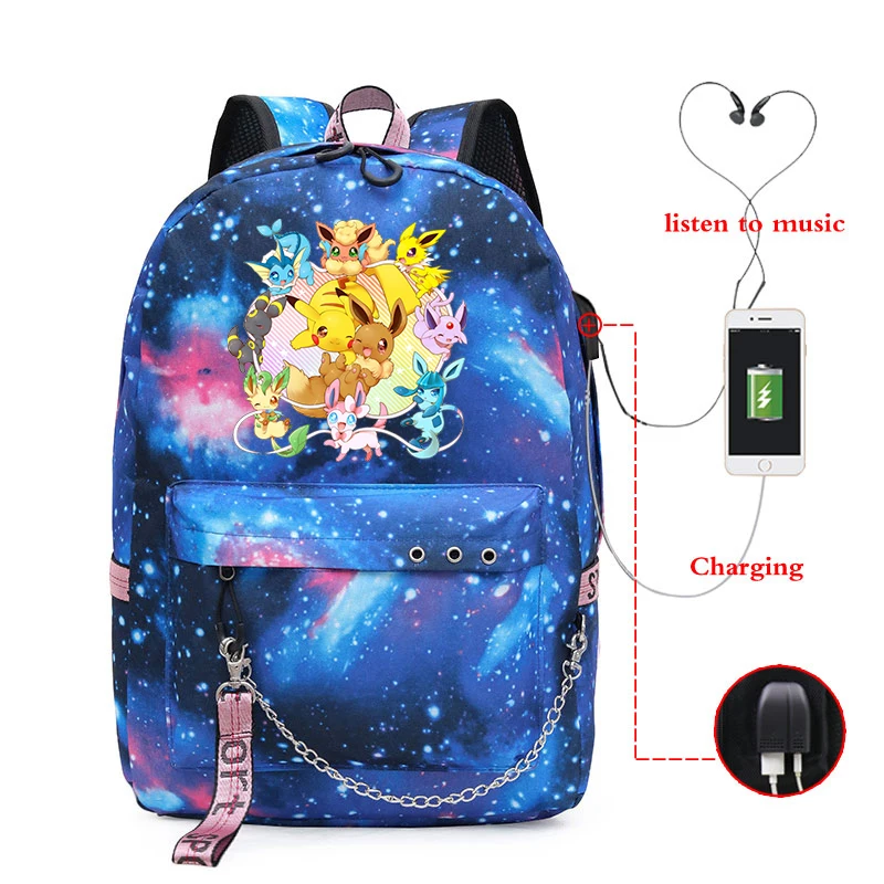 Girls Backpacks 16 Рубашка с принтом Покемон рюкзак Mochilas Harajuku USB школьные сумки для девочек Для женщин Колледж студентов ноутбук рюкзак дорожный рюкзак - Цвет: Girls Backpacks 16