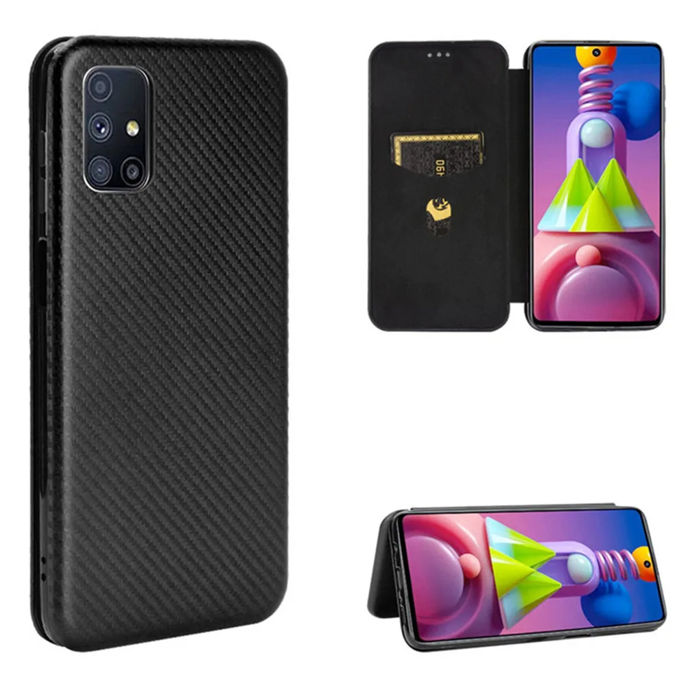 For Samsung Galaxy M51 Case Luxury Flip Carbon Fiber Skin