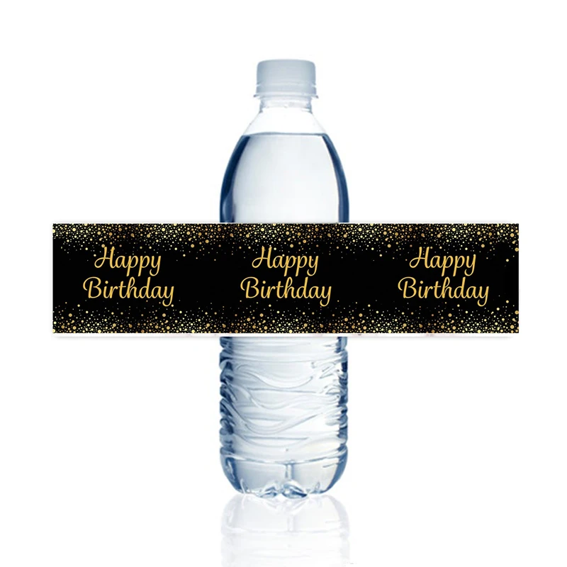 

Black and Gold Happy Birthday Party Water Bottle Labels 15 Stickers