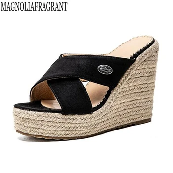 

Summer new Women's Sandals Velvet Flock Fish Mouth Fashion Straw high Heel Platform Open Toes Women Sandals buty damskie hy455