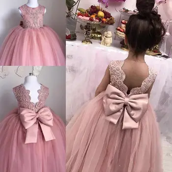

Ball Gown Flower Girls Dresses Sweep Train Illusion Bodice Applique Birthday Party Girls Pageant Gowns With Bow Customized