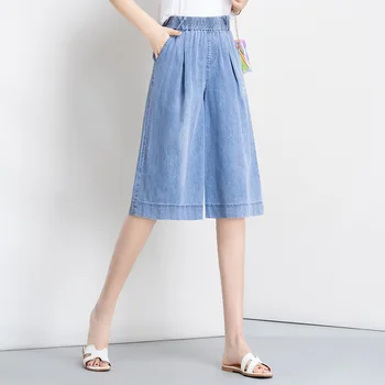 

2020 New Summer Woman Tencel Denim Half Pants Korean Style Elastic High Waist Floral Embroidered Loose Casual Wide Leg Pants