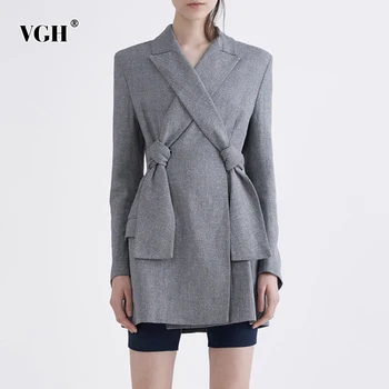 

VGH Cross Temperament Blazer For Women Notched Long Sleeve High Waist Lace Up Slim Jackets Female 2020 New Fashion New Clothing