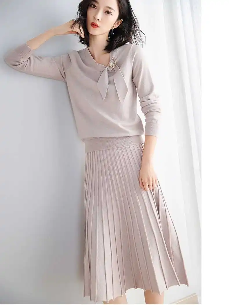 summer new knitting sweater ribbon pleated dress