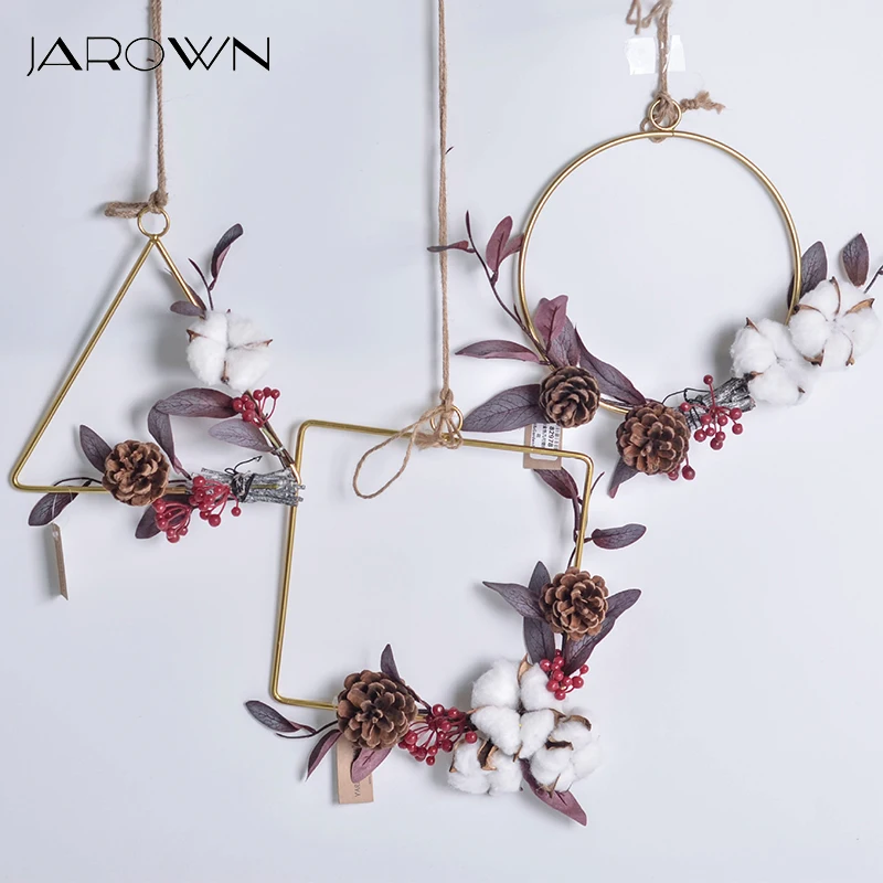 JAROWN European Style Geometry Metal Cotton Flower Garland Hemp Rope Home Wall Decoration Furnishing Artificial Plant Hanging Ring (1)
