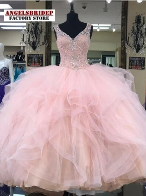 2019-brillante-Quincea-era-vestidos-vestido-para-baile-de-m-scaras-cuello-en-V-Rosa-cristales