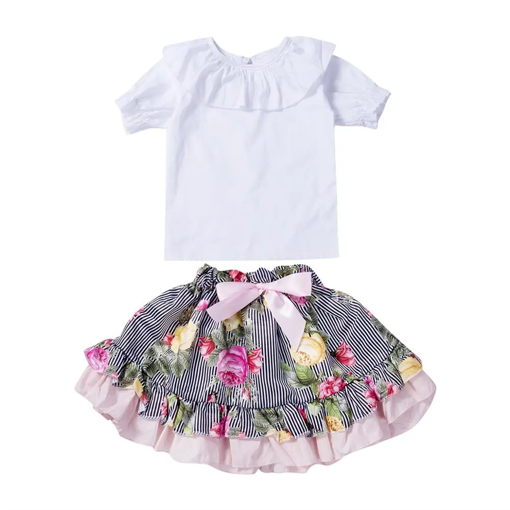 Милая футболка принцессы с рюшами для маленьких девочек+ шорты-пачки с цветочным принтом/юбки одинаковые комплекты для семьи