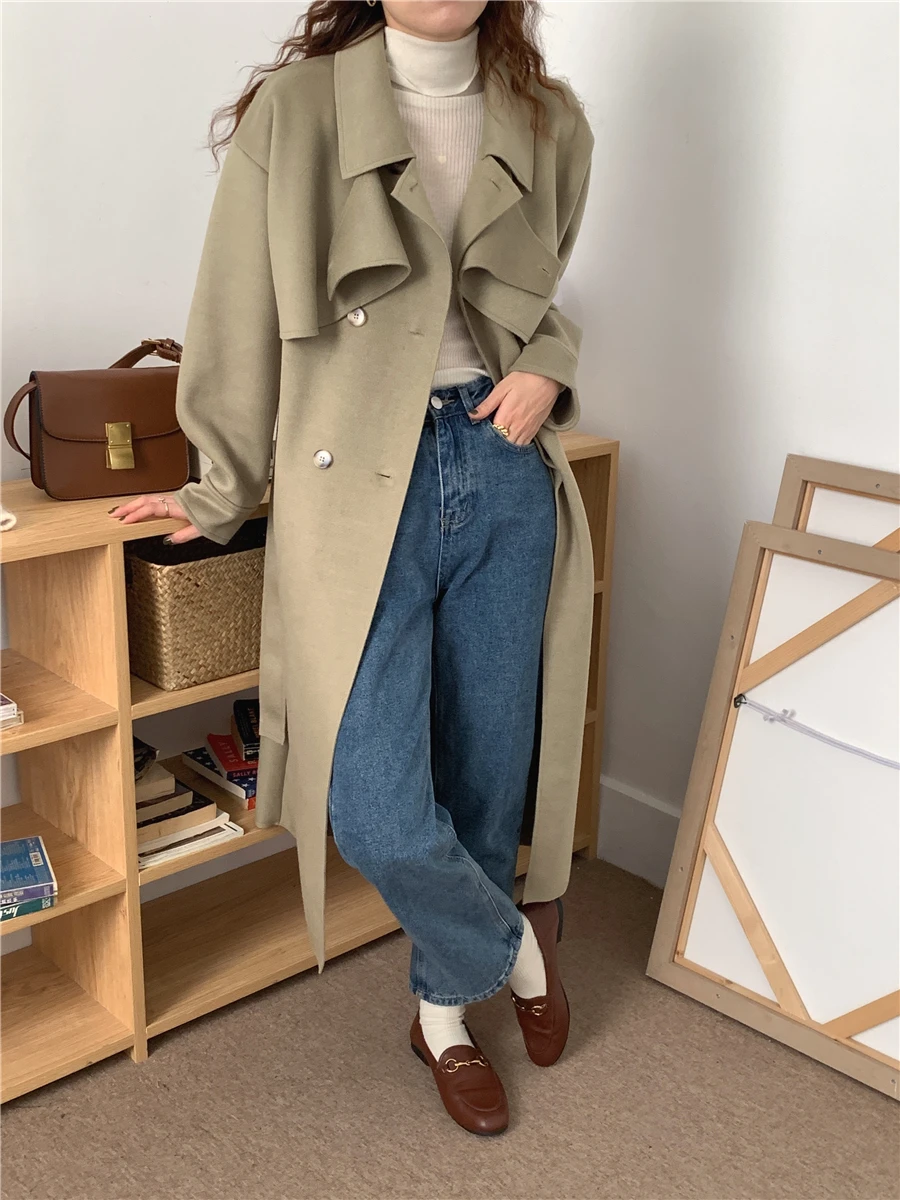 Vintage Lapel Detachable Shawl Faux Wool Blend Coats 2022 New Korean Long Jackets Two-piece Double-sided Woolen Coat bubble coat women