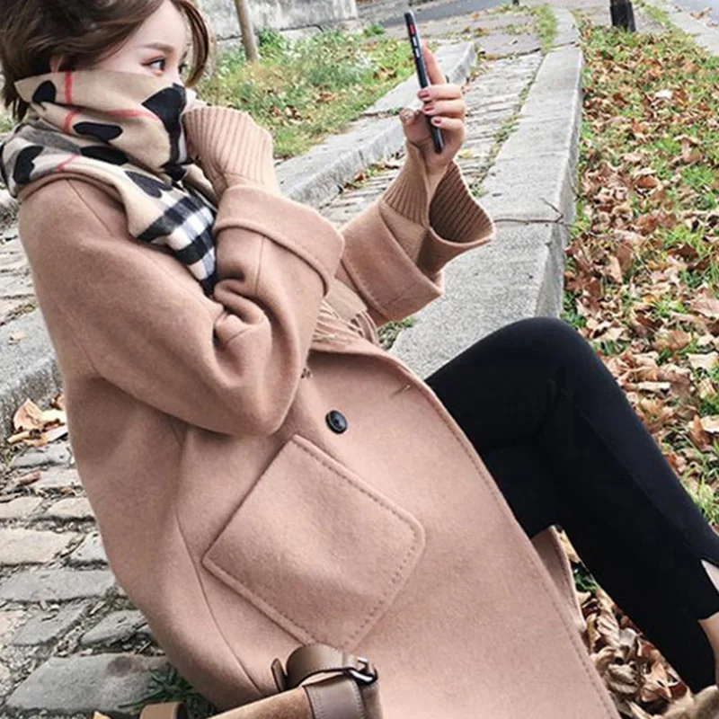 

Women Coat winter Long Sleeve Warm Solid color Woolen Blends Female Elegant Breasted Woolen Long Coat Oversize Plus Size w008