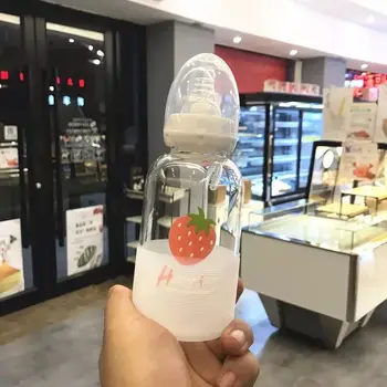 

Korean Cute Baby Bottle Transparent Heat Resistant Glass Children Strawberry Straw Mugs Outdoor Camping Portable Juice Milk Cups