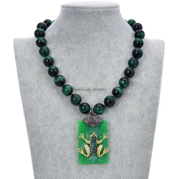 

GG Jewelry 12mm Green Tiger Eye Necklace Rectangle Green Jade Cz insect Pendant 18"