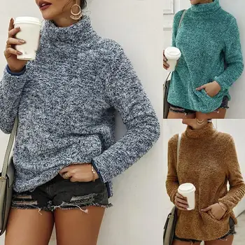 

2019 Casual Thick Sweater Women Autumn Winter Warm Sweater Long Sleeve High Neck Pocket Pullover Knitting Sweater Women