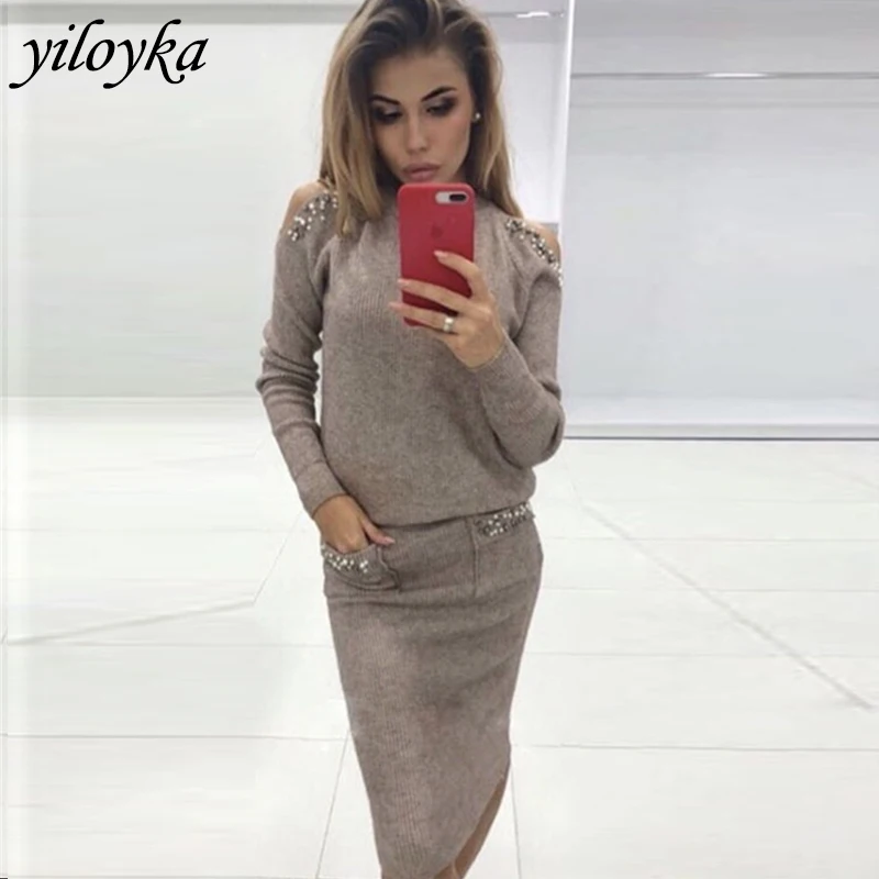 

Women Pearls Strapless Sweater + Skirt Two Piece Set Female Winter Casual 2 Piece Set Women Suits Loose Sweater Knitted Dress