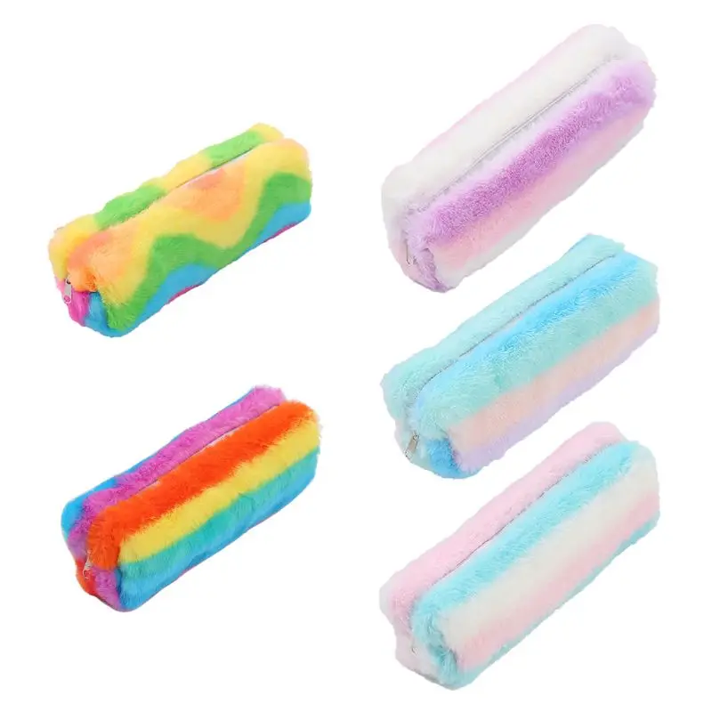 New Cute Kawaii Rainbow Plush Pencil Pen Bag Zipper Strip Makeup Pouch Stationery