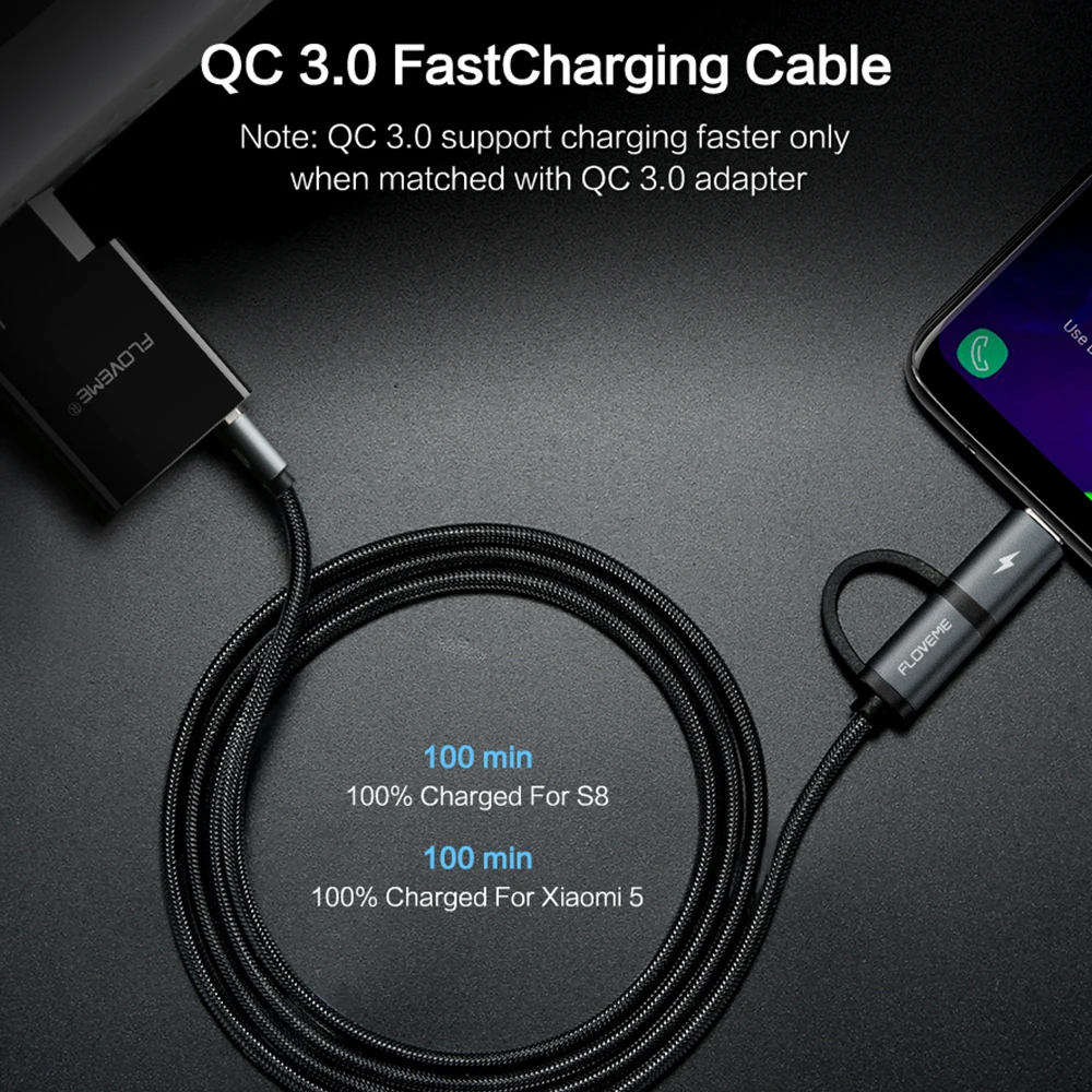 FLOVEME 2 in1 Micro USB Cable Fast Charger Charging USB Type C CableType-C Cable for Samsung Xiaomi Oneplus Huawei P9 QC3.0 2.8A