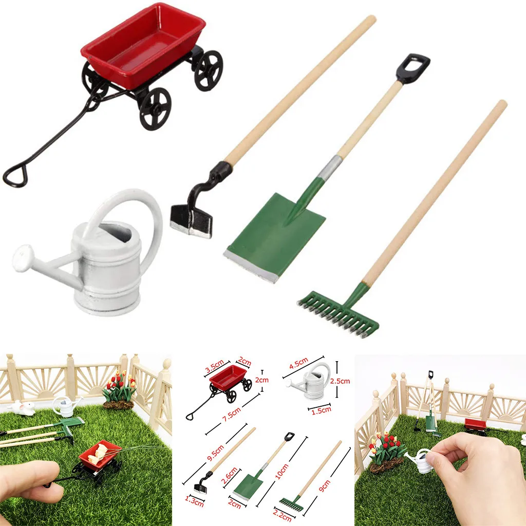 

5Pcs/Set 1/12 Miniature Dollhouse Sets Watering Can Red Cart Shovel Hoe Doll Houses Mini Garden Equipment Tools Early Education