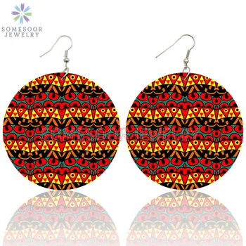 

SOMESOOR Big Round Bohemain Afro Art Printed Wooden Drop Earrings Black Ethnic Fabric Headwrap Pattern Dangle For Women Gift