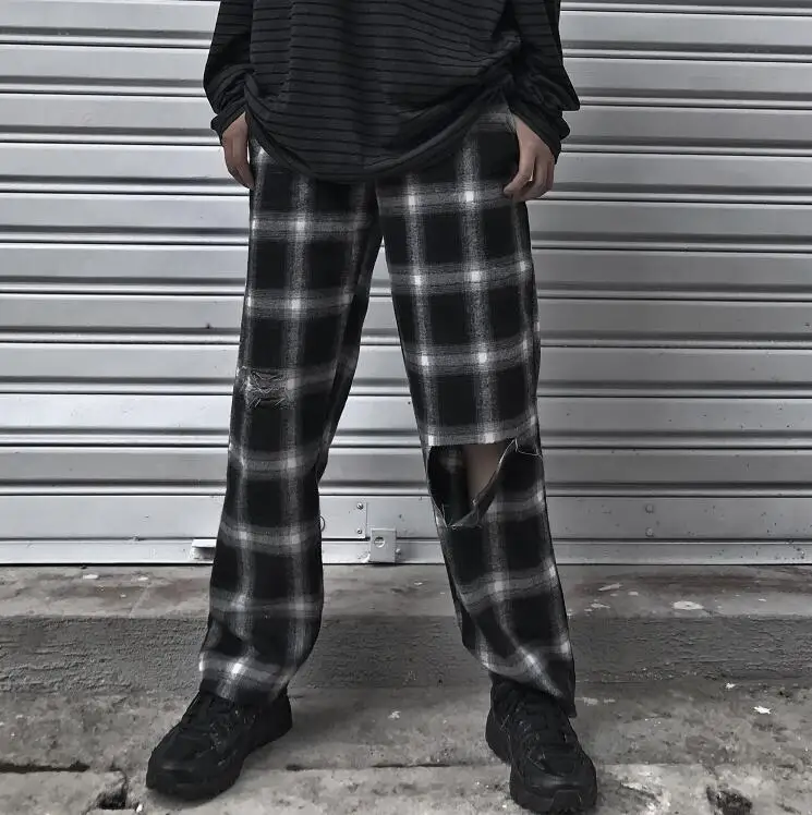 

autumn Harajuku loose street hole plaid Straight pants women