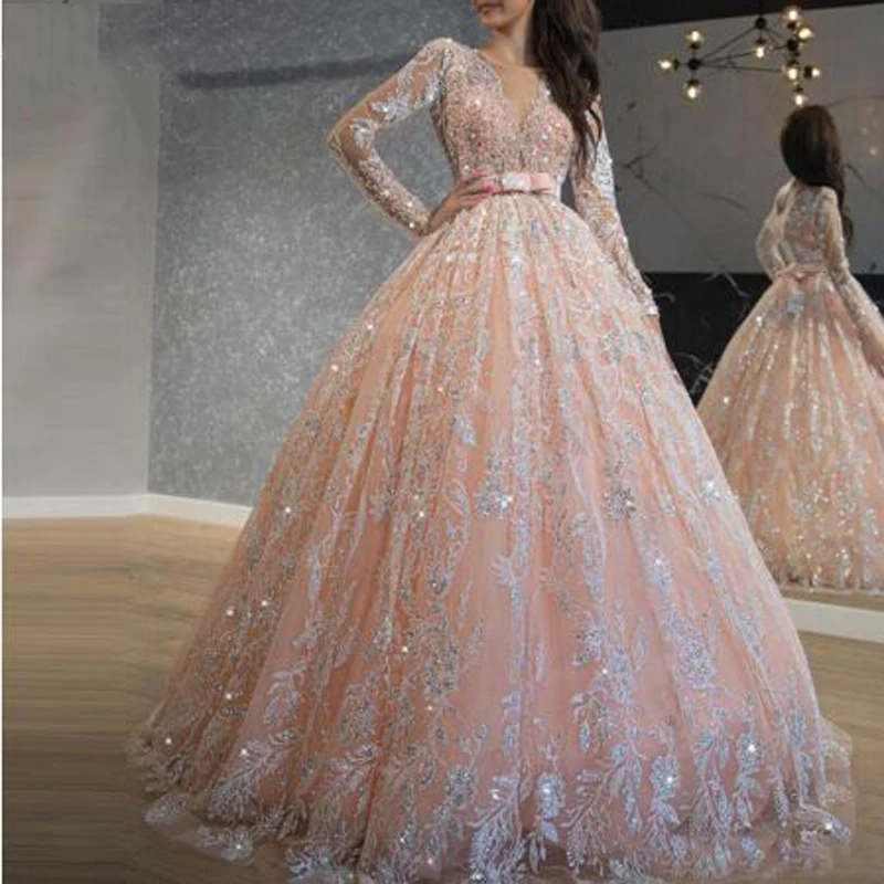 Arabian Peach Evening Gown Modest Ball Lace Appliques Gowns Custom Made Full Sleeve Party Dress robe de soiree | Женская одежда
