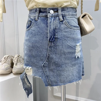 

Irregular Frayed Edges Denim Skirt Women Anti-Exposure Package Hip Short Skirts 2020 Summer Girls Ladies Hole Ripped Jean Skirt