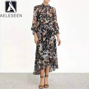 

AELESEEN Runway Fashion Chiffon Dress 2020 Long Flare Sleeve Cascading Ruffles Floral Print Sashes Vocation Irregular Midi Dress