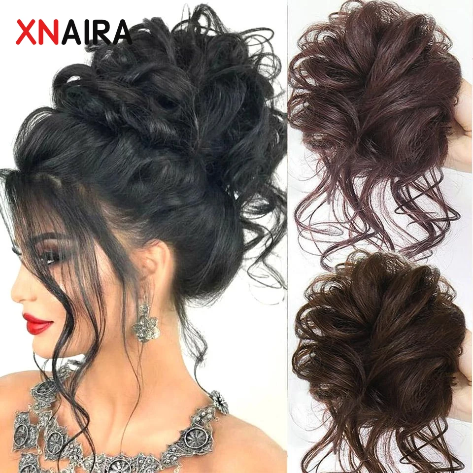 XNaira Synthetic Messy Curly Hair Bun Chignon Scrunchy Hair Band Black Brown Fake Hair Tail Hairpieces For Women Hairpins